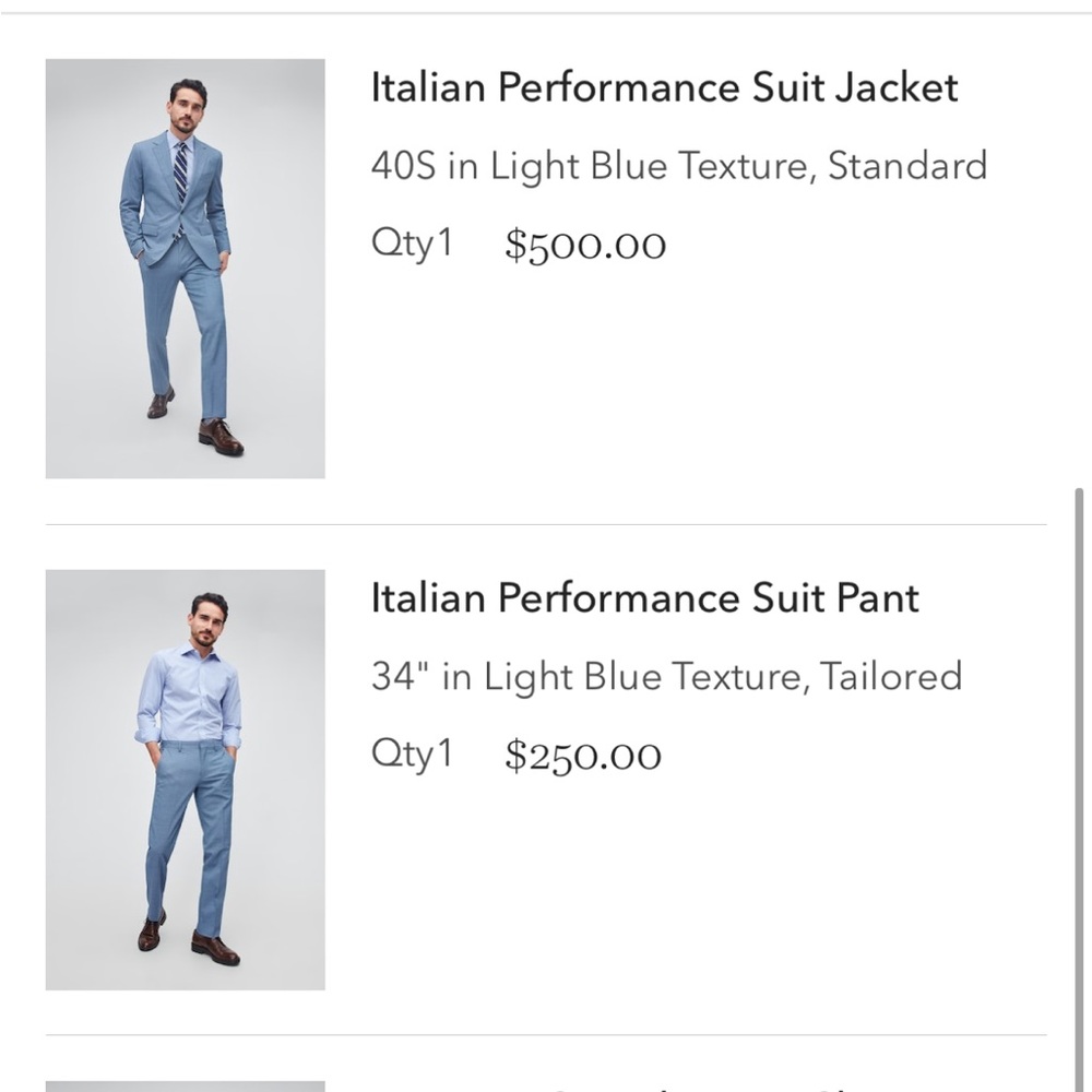 Italian Performance Suit. Light blue 40 S pant 34-30